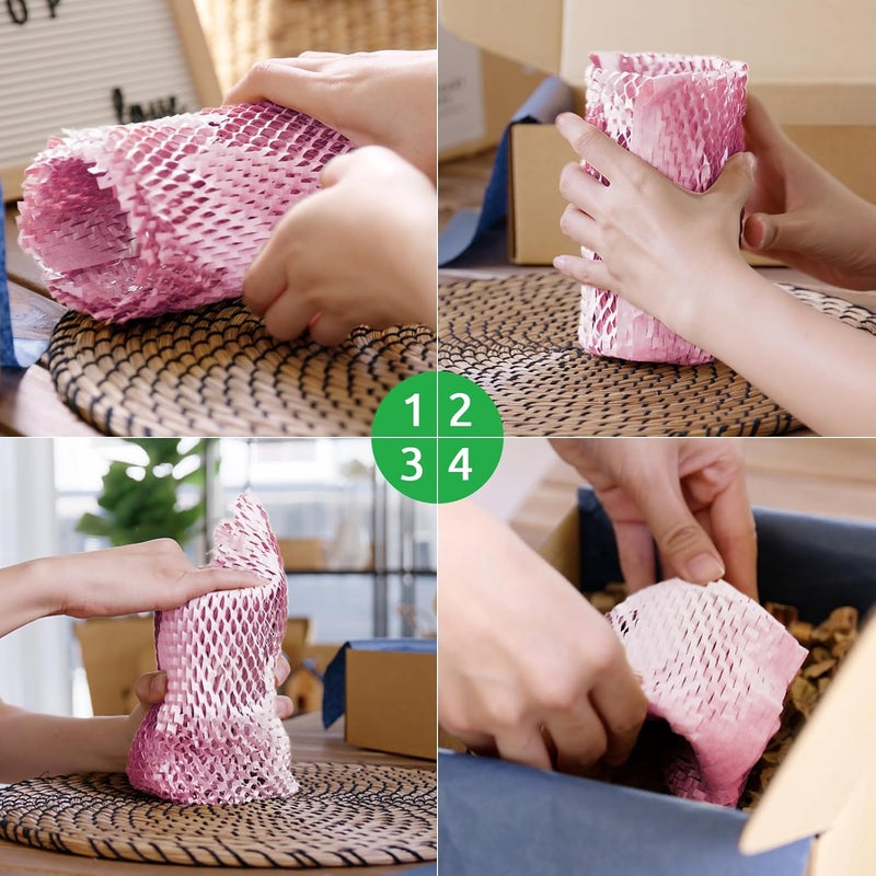 Pine nuts Honeycomb Packing Paper 15"x131' Recyclable Honeycomb Paper Moving Supplies Bubble Paper Wrapping Protective Roll with 30 Fragile Sticker Labels and 66ft of Jute rope (Light pink) - Image 4